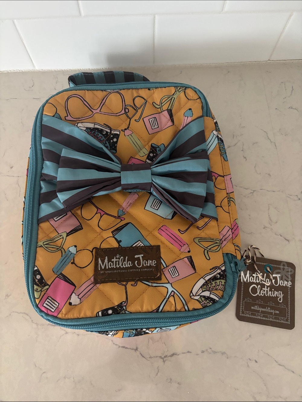 Matilda Jane Yellow Lunch Bag with Teal and Brown Striped Bow